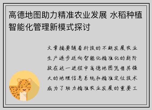 高德地图助力精准农业发展 水稻种植智能化管理新模式探讨